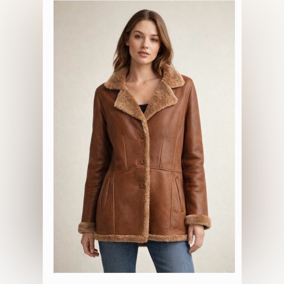 Jackets & Blazers - Brown Shearling Women's leather Jacket with faux fur wool